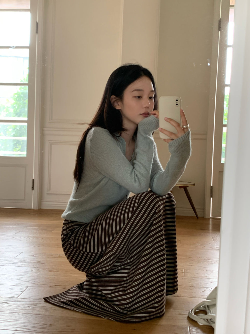 復古經典細條紋後開衩長裙