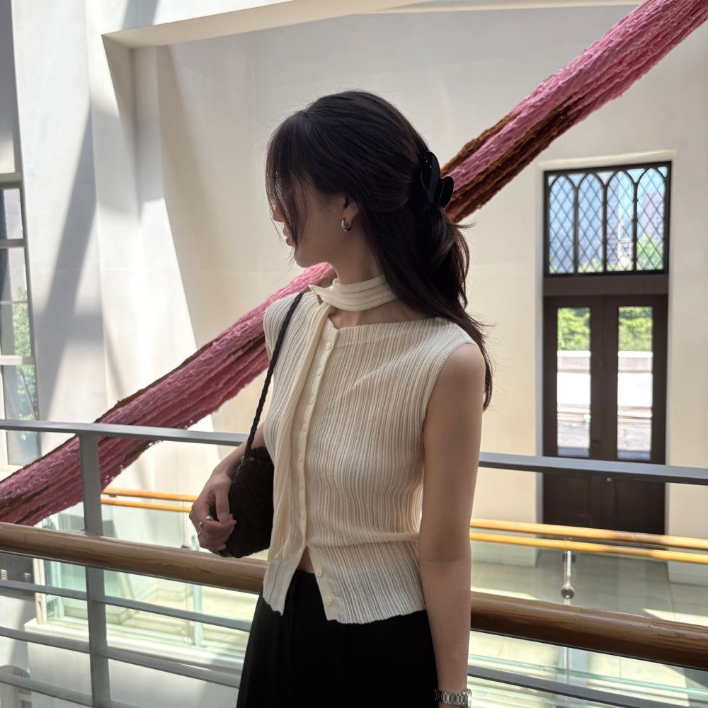 簡約優雅棉質坑條修身無袖針織背心-5