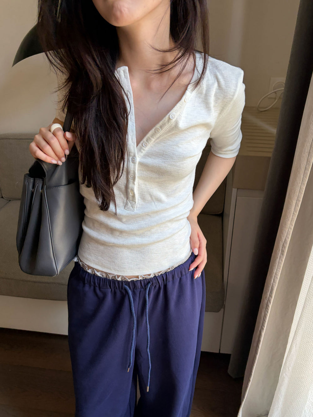 慵懶隨性蕾絲拼接垂墜寬版休閒棉褲-17