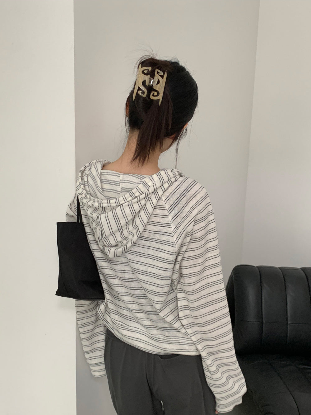 復古條紋混棉微短版連帽外套