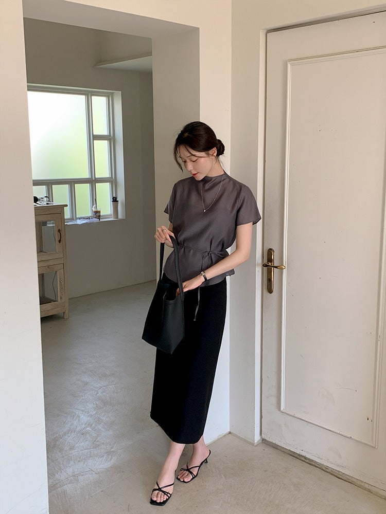 溫柔風微立領側綁帶顯瘦短袖罩衫