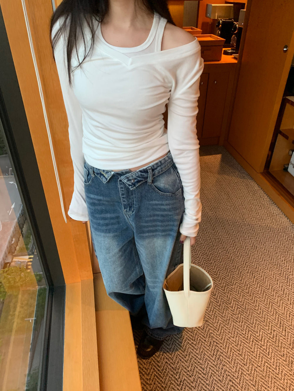 簡約隨性深V領修身彈力棉長袖背心兩件套