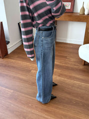 棉100%V領條紋寬鬆長袖上衣