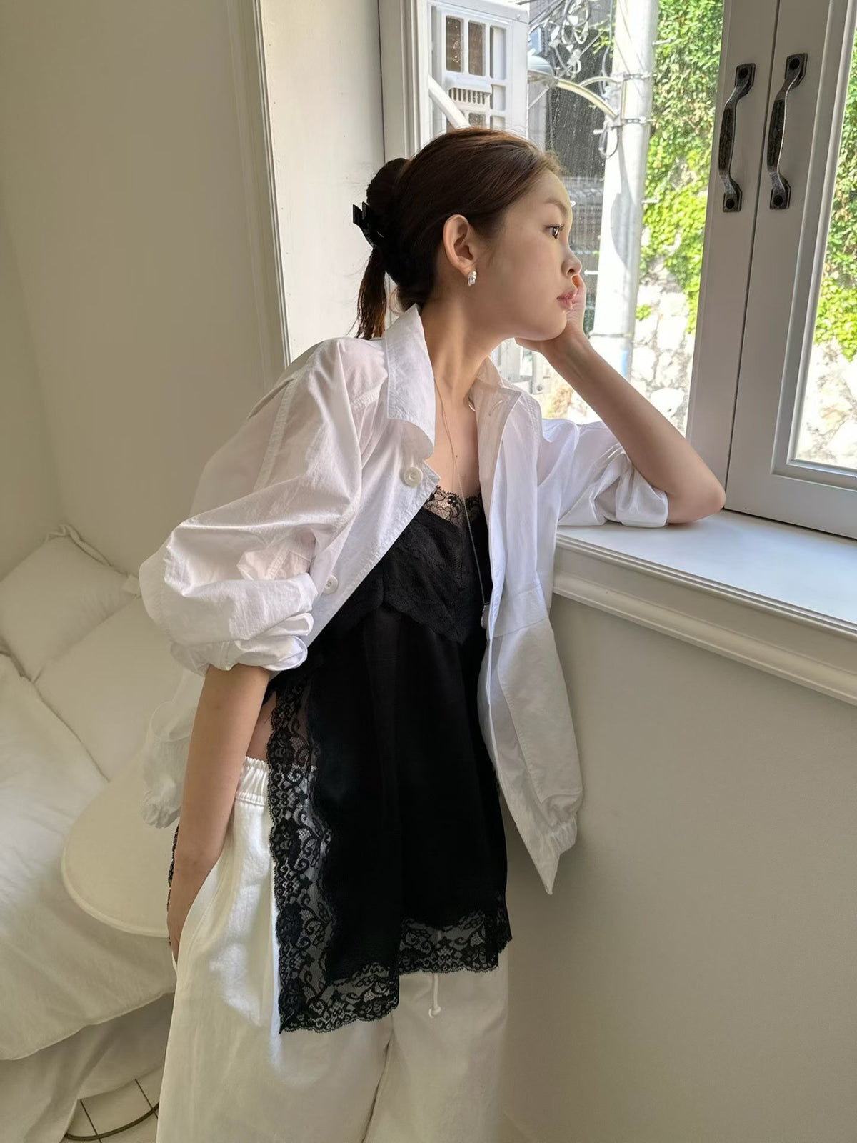 法式復古蕾絲拼接緞面細肩帶背心
