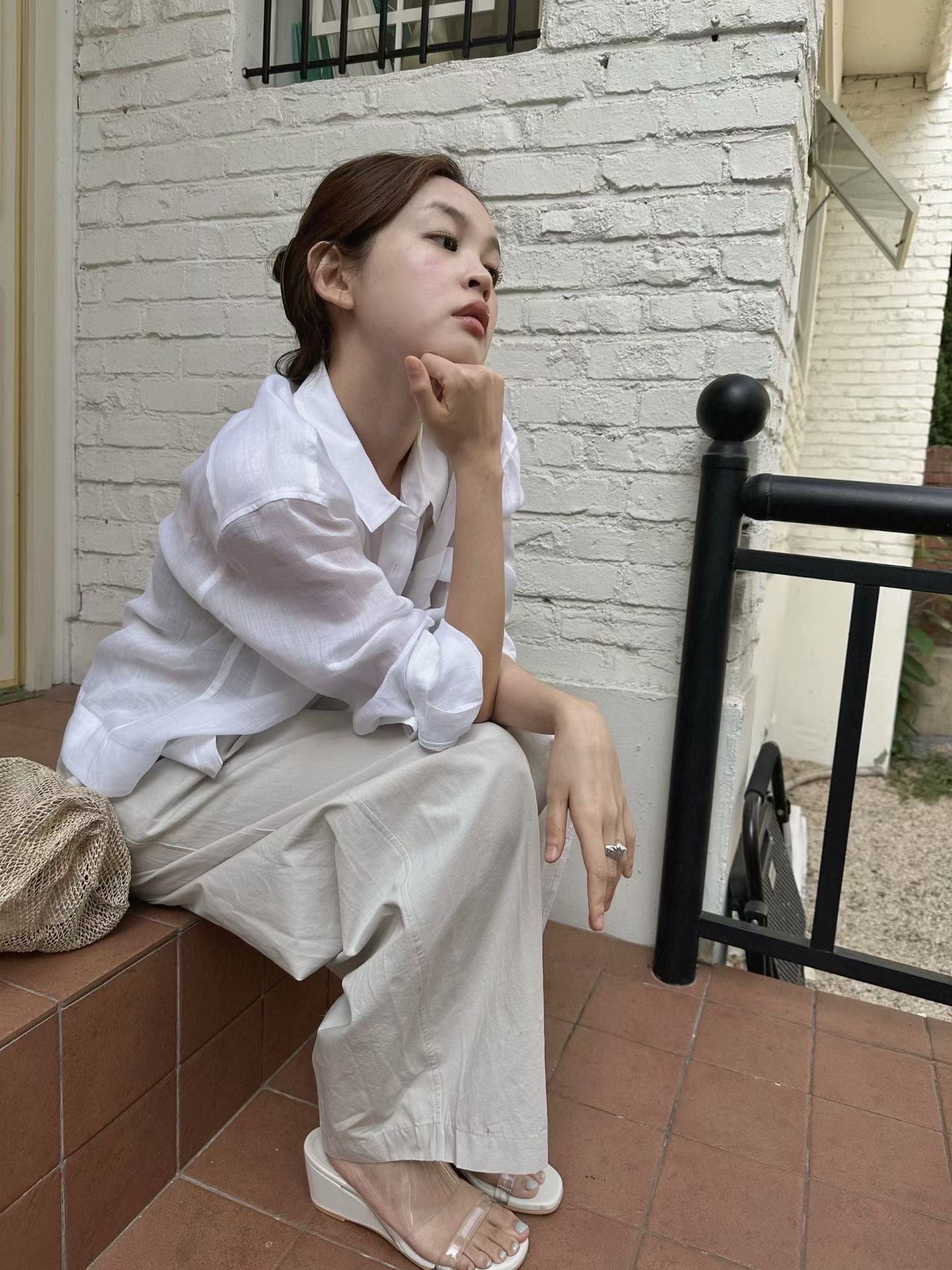 質感多色亞麻輕薄透視感防曬襯衣-3