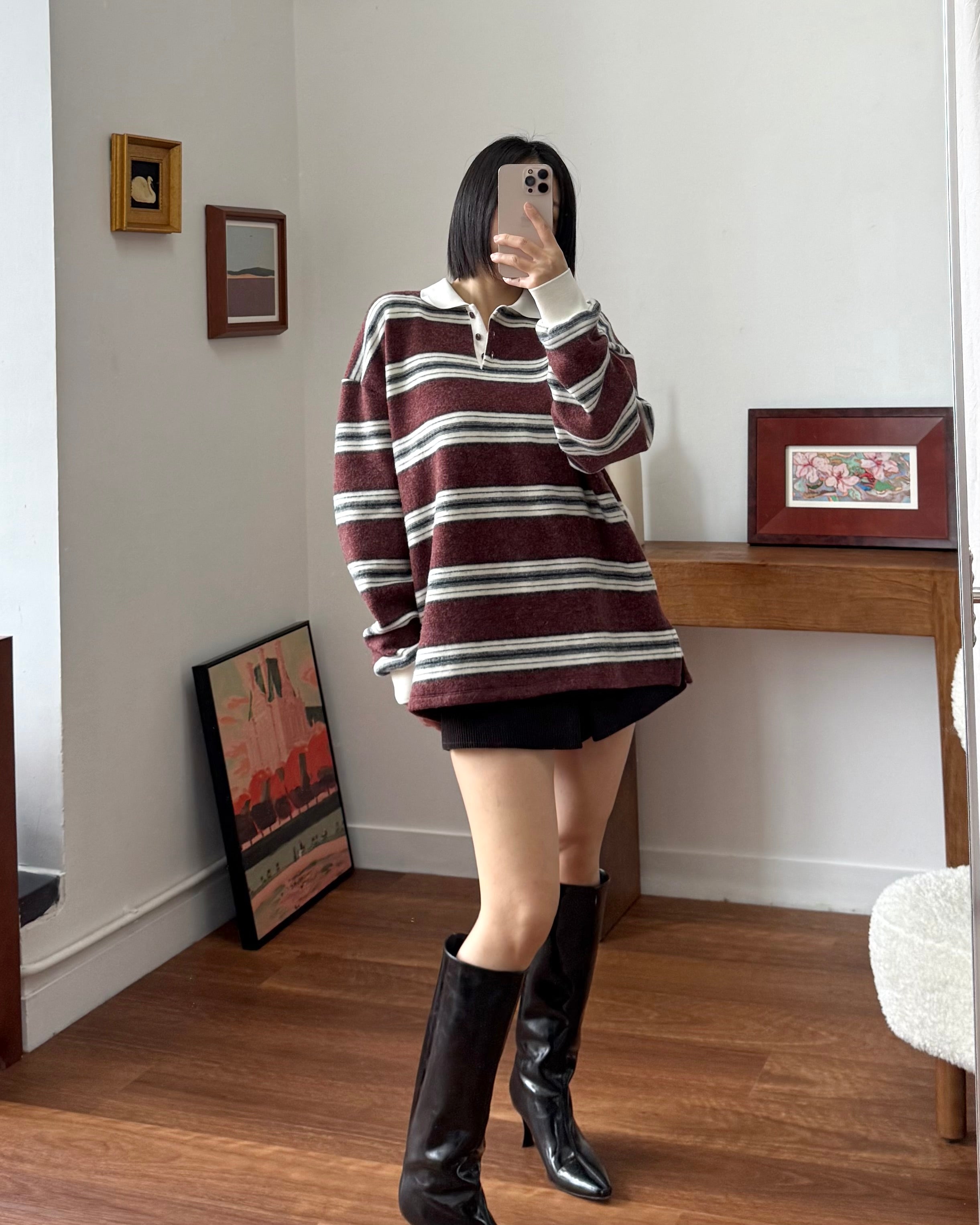 學院風條紋拼色Polo Striped Knit Polo Sweater