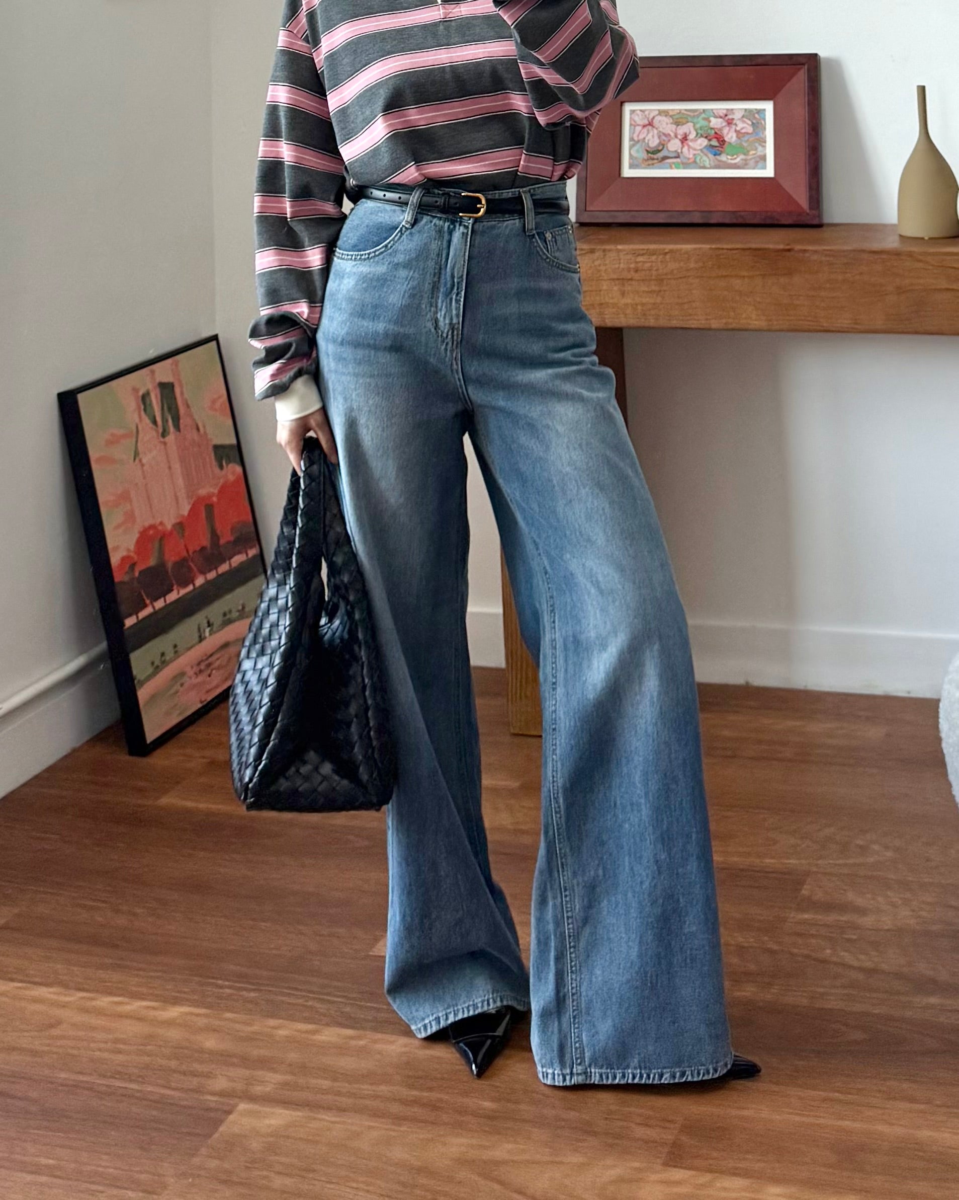 淺藍復古刷色牛仔褲 Light‑Washed Vintage Wide Jeans