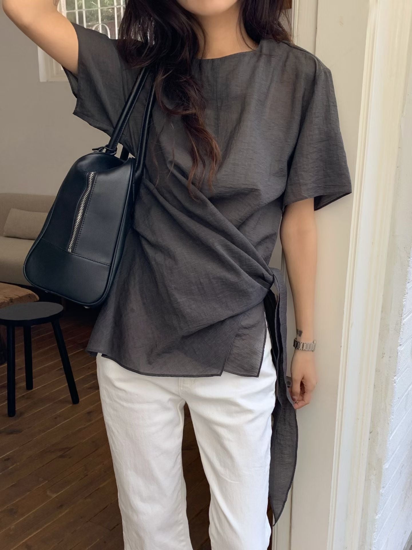 圓領紋理腰間綁帶上衣
