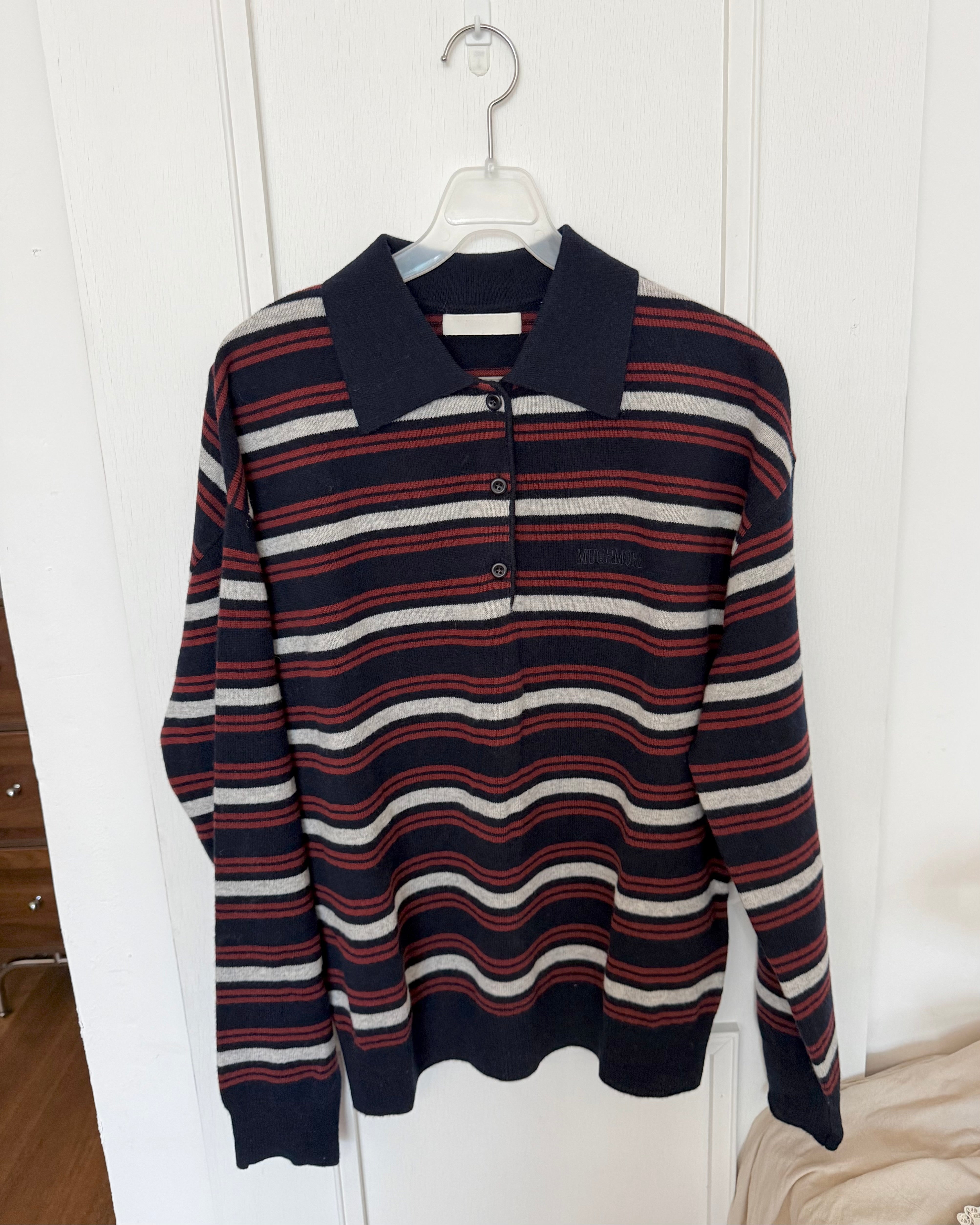 Wool 100%撞色條紋針織Polo衫 Wool 100% Color-Block Striped Knit Polo Sweater