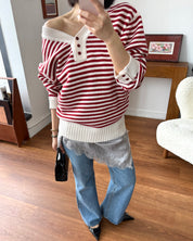 50%羊毛｜可正反穿V領條紋針織套頭上衣