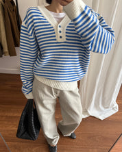 50%羊毛｜可正反穿V領條紋針織套頭上衣