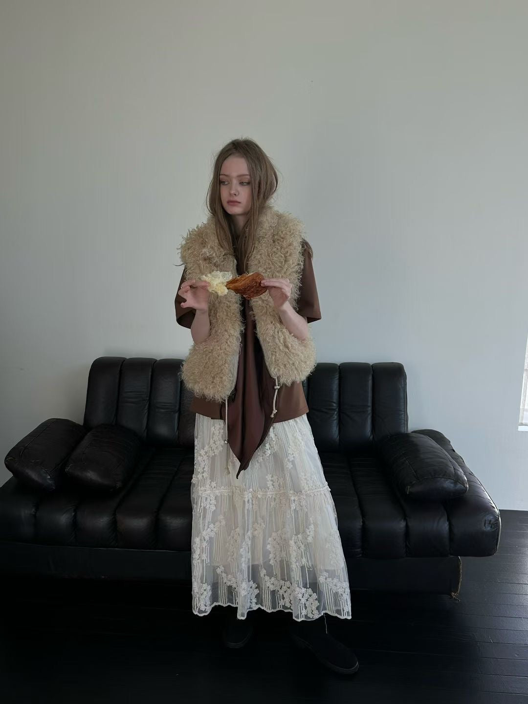 刺繡拼接網紗長裙 Embroidered Mesh Panel Maxi Skirt