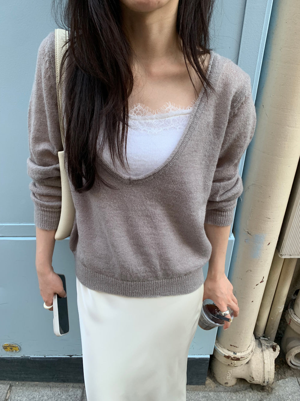 慵懶法式蕾絲假兩件馬海毛混紡針織衫
