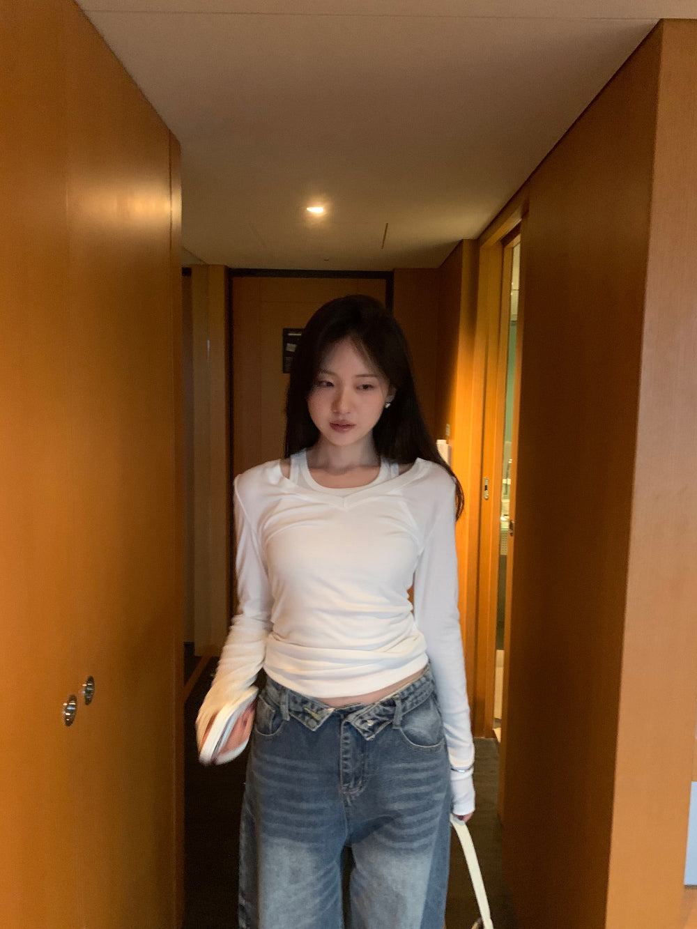 簡約隨性深V領修身彈力棉長袖背心兩件套