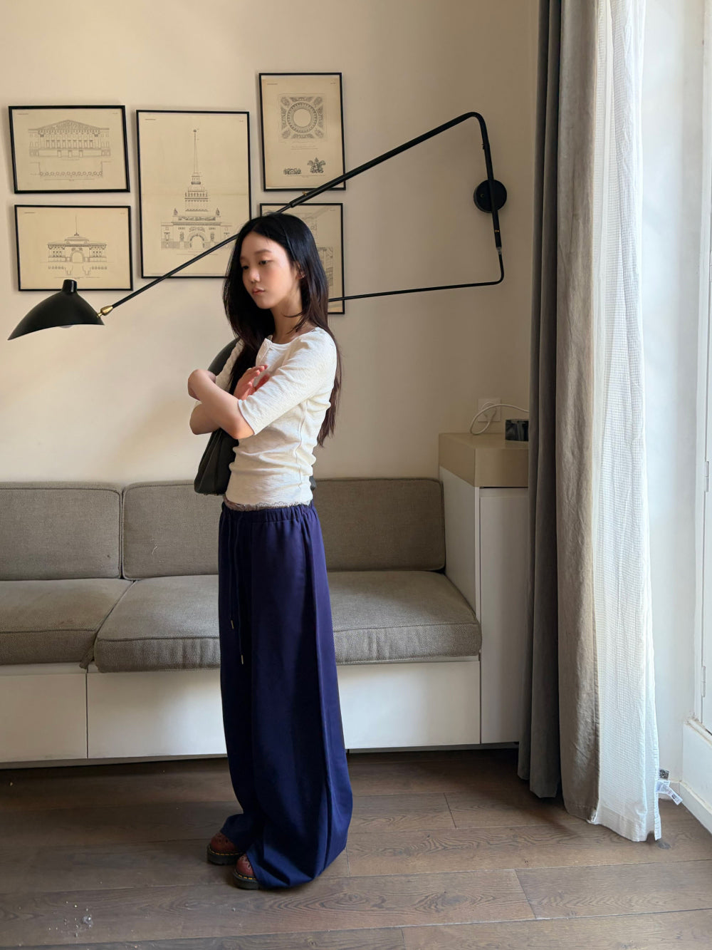 慵懶隨性蕾絲拼接垂墜寬版休閒棉褲-9