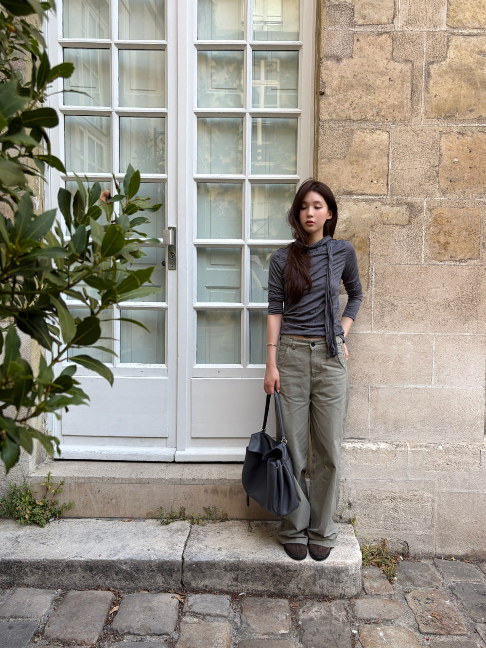 復古率性側調節釦純棉落地寬褲