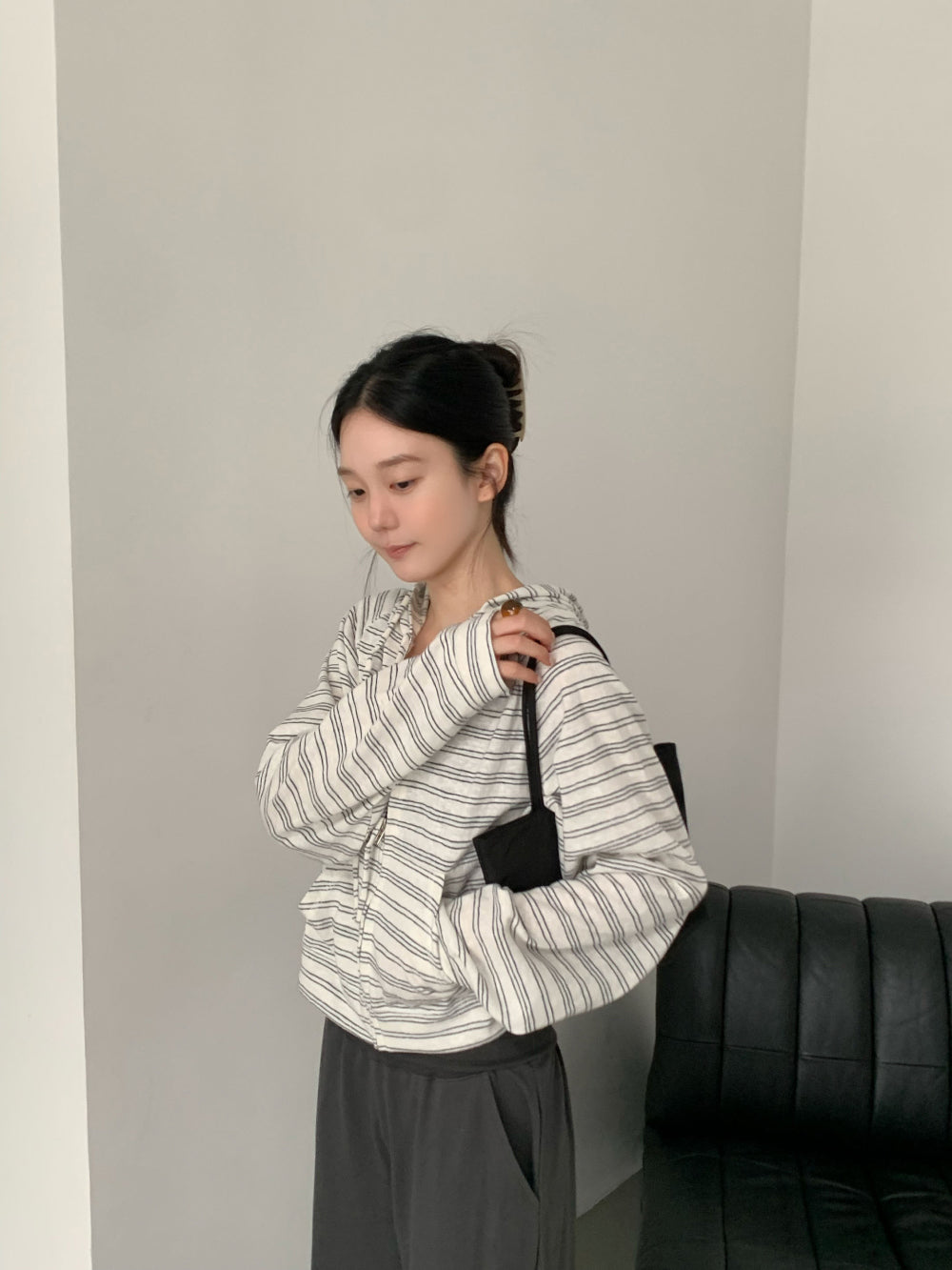 復古條紋混棉微短版連帽外套