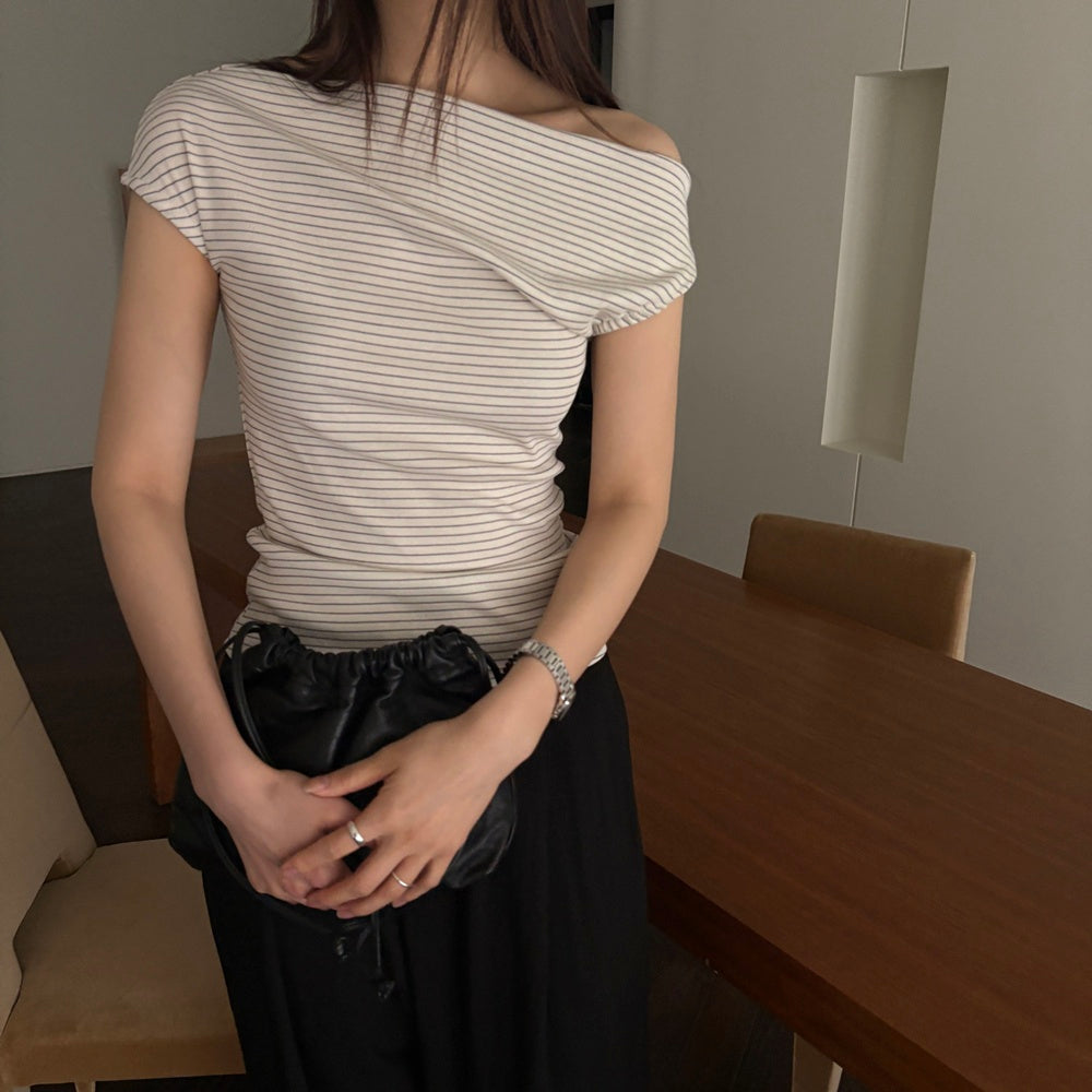 法式簡約細條紋扭結斜肩修身蓋袖上衣