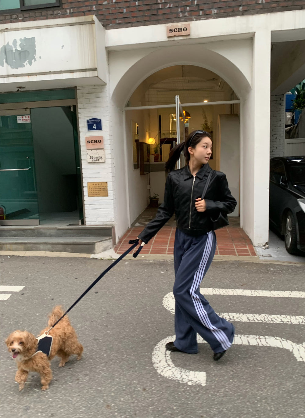 復古休閒側條紋棉質寬版運動長褲