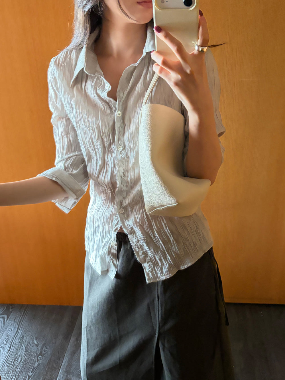 復古自然微皺七分袖襯衫-25