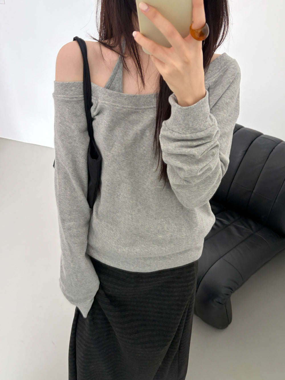 慵懶隨性純棉斜肩大U領衛衣-32