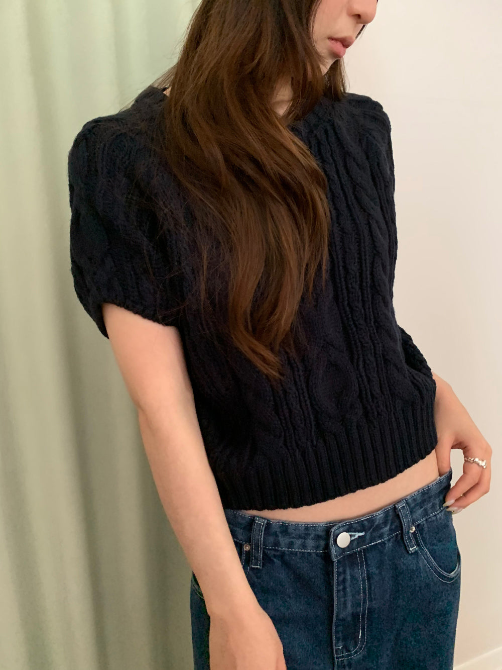 經典立體麻花短版五分袖針織衫