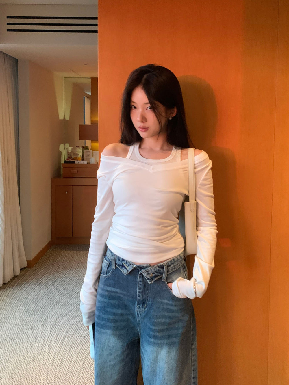 簡約隨性深V領修身彈力棉長袖背心兩件套