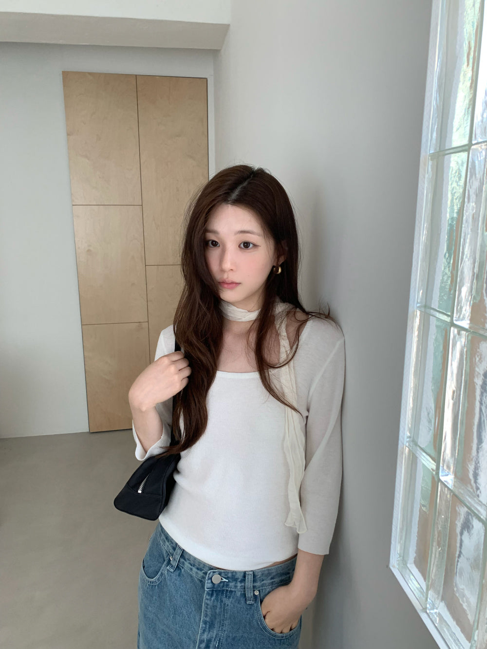 溫柔知性大圓領附圍巾修身七分袖針織衫-26
