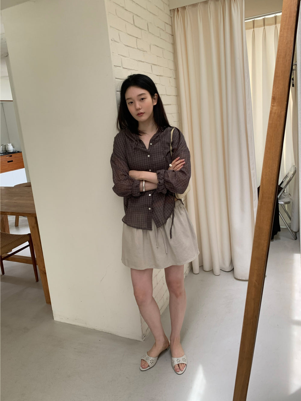 復古輕透純棉寬鬆格紋連帽襯衫