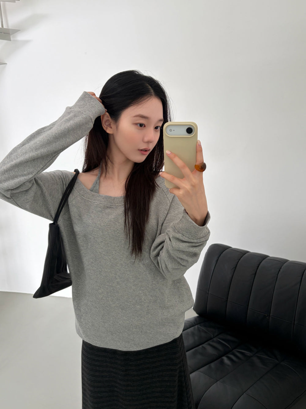 慵懶隨性純棉斜肩大U領衛衣-30