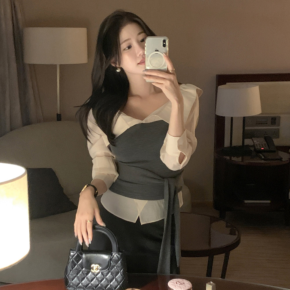 溫柔氣質撞色大翻領露肩綁帶襯衫