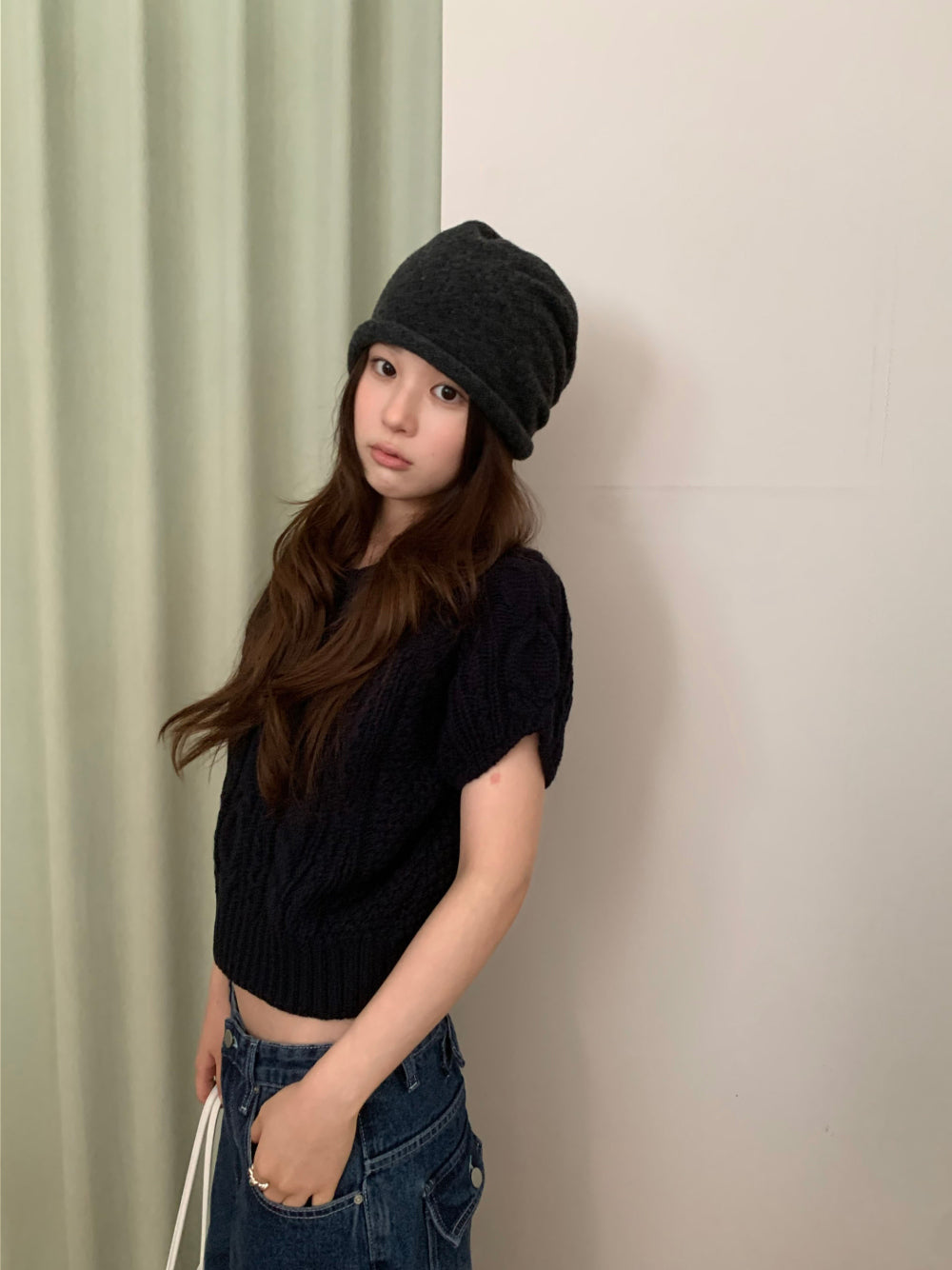 經典立體麻花短版五分袖針織衫