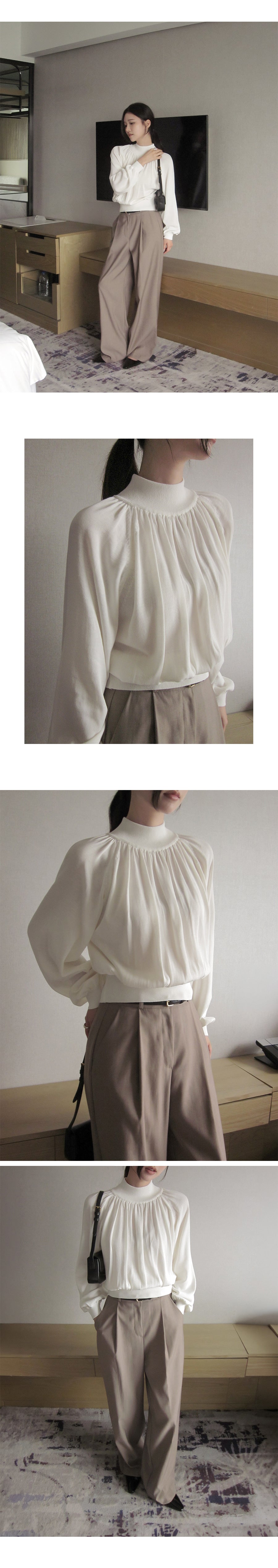 溫柔優雅領口抓褶連肩針織衫-10