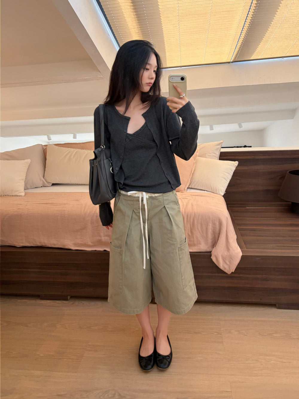 復古率性純棉撞色寬版百慕達短褲
