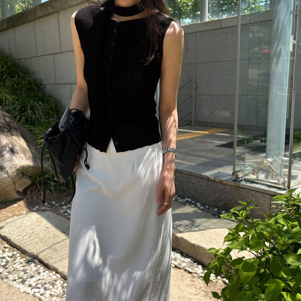 簡約優雅棉質坑條修身無袖針織背心