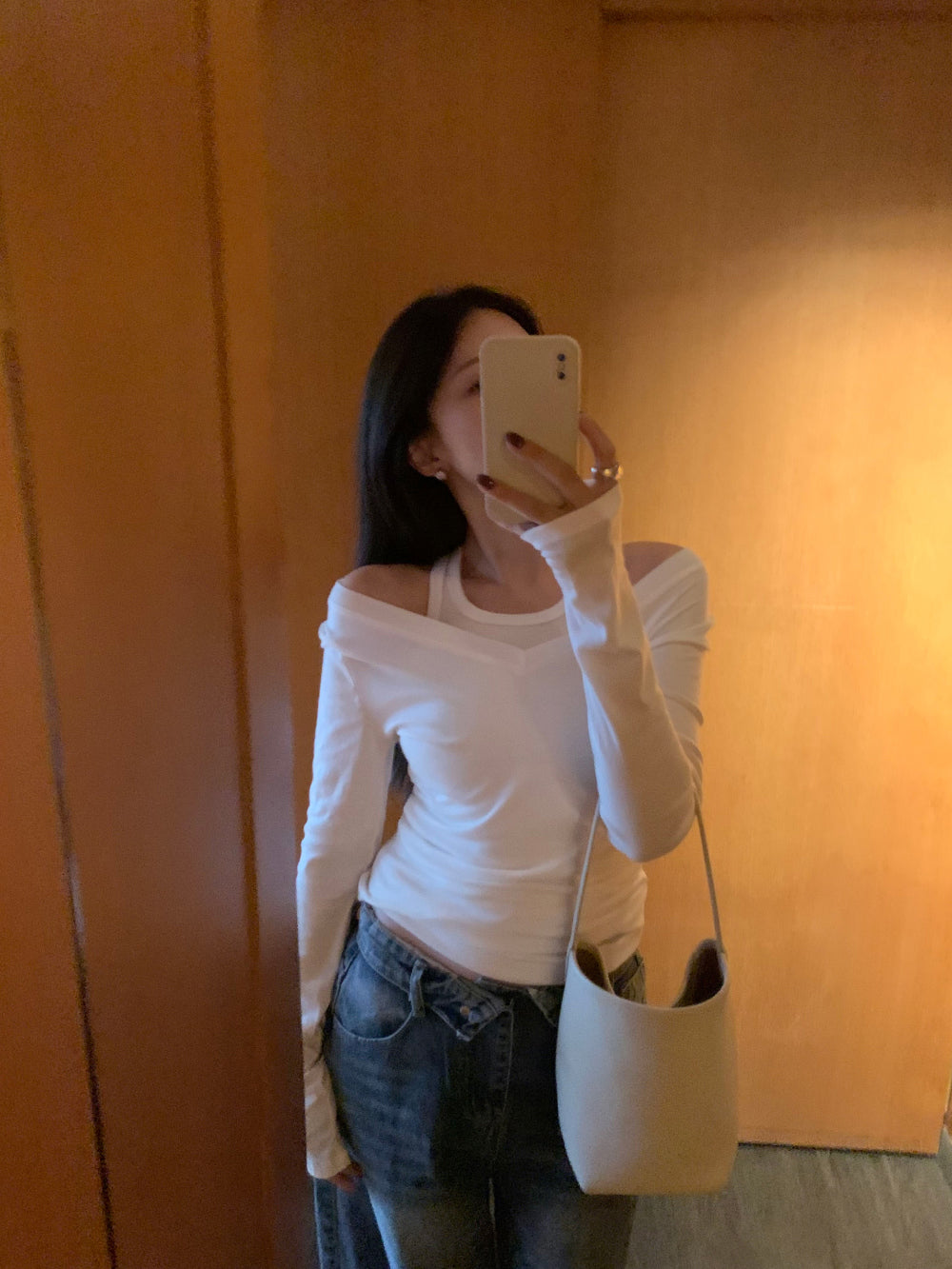 簡約隨性深V領修身彈力棉長袖背心兩件套-16
