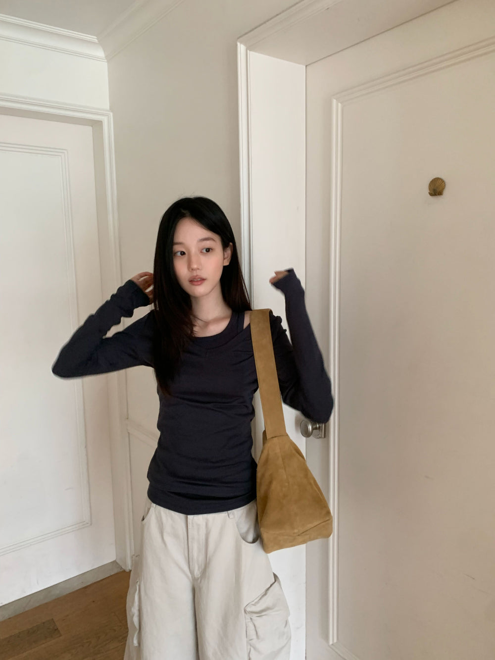 簡約隨性深V領修身彈力棉長袖背心兩件套