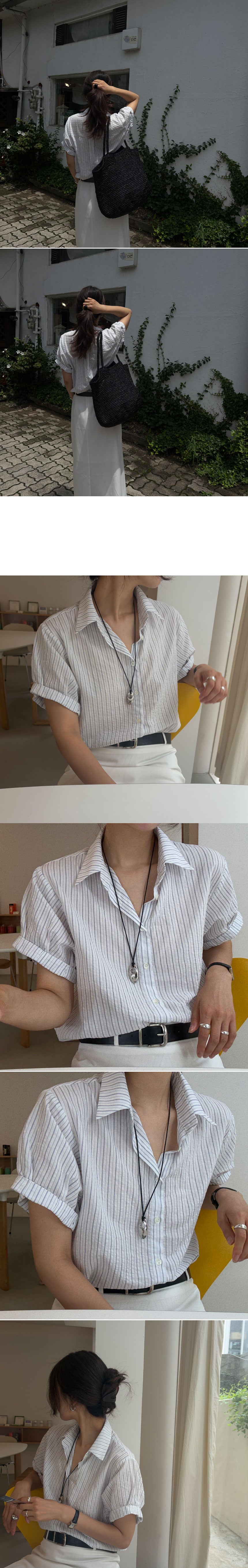 清爽知性細條紋反摺袖棉質襯衫